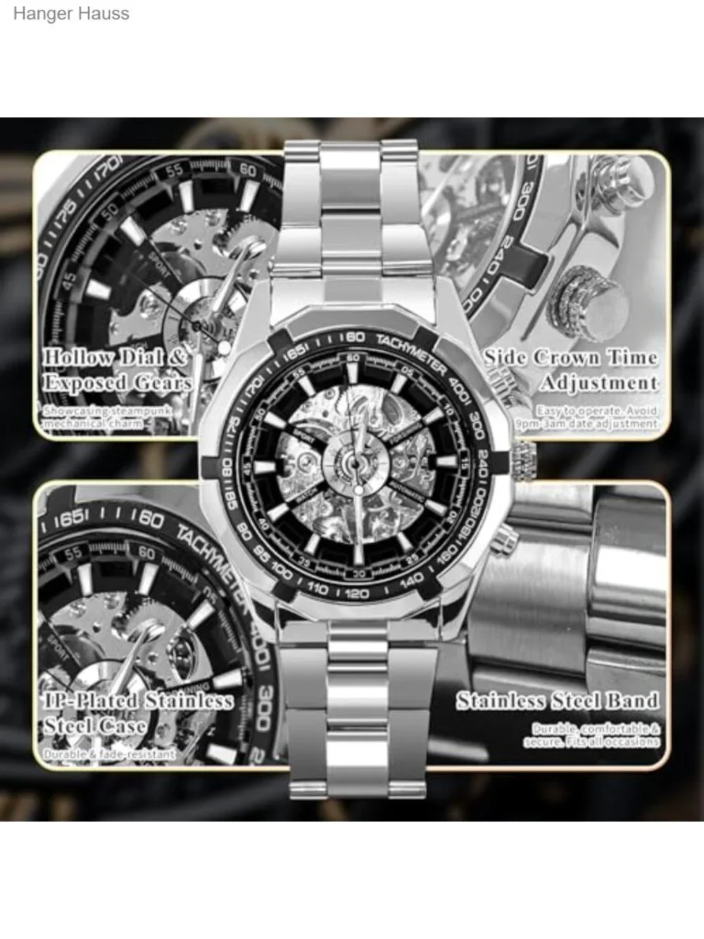 Men's Automatic Skeleton Mechanical Watch Stainless Steel Waterproof